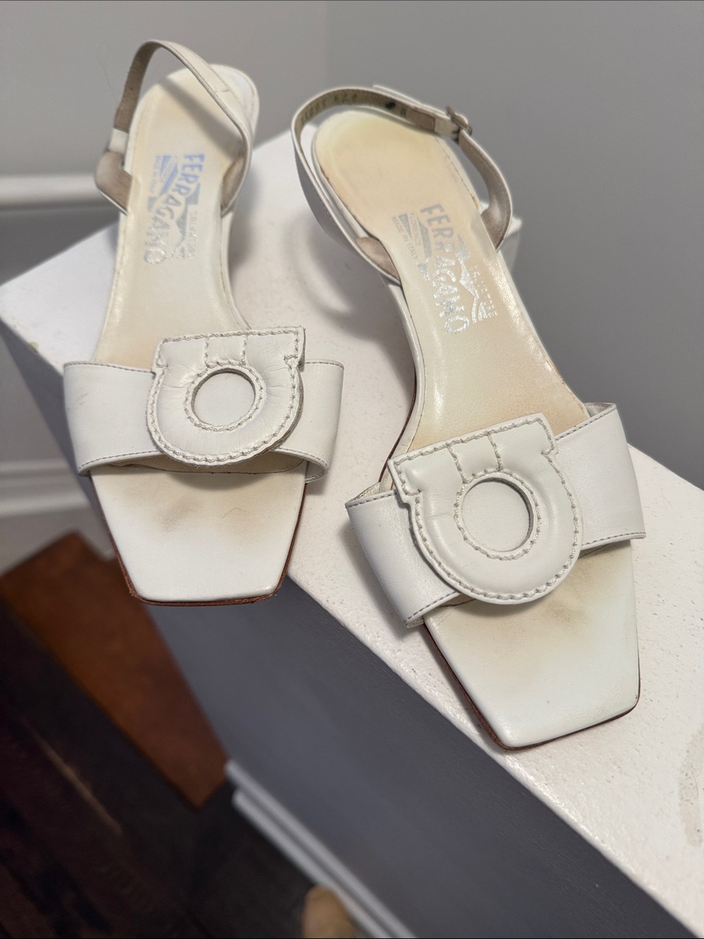 Salvatore Ferragamo White Leather Open-Toe Slingbacks